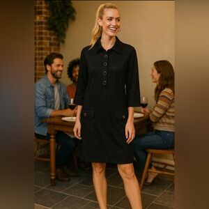 AB Studio dress w/ gold rim black buttons, front pockets and turn down collar 🖤